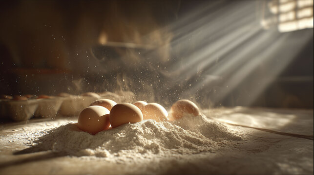 Eggs are arranged on a mound of flour, with fine particles of flour softly settling around them. The eggs display a natural sheen against the textured flour backdrop. This composition of eggs, flour - Powered by Adobe