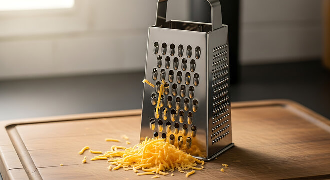 A stainless steel grater grating cheddar cheese on a wooden cutting board in a kitchen setting indoors