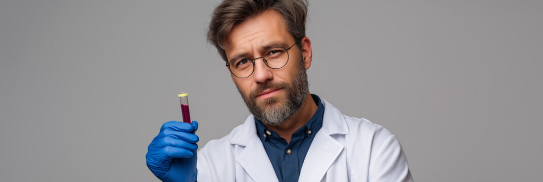 A focused scientist in a lab coat holding a test tube filled with liquid, symbolizing research, innovation, science, and the quest for discovery and knowledge.