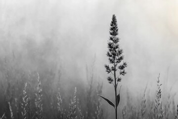 Obraz premium Striking monochrome capture of a unique plant silhouette against a foggy field, evoking peace and solitude.