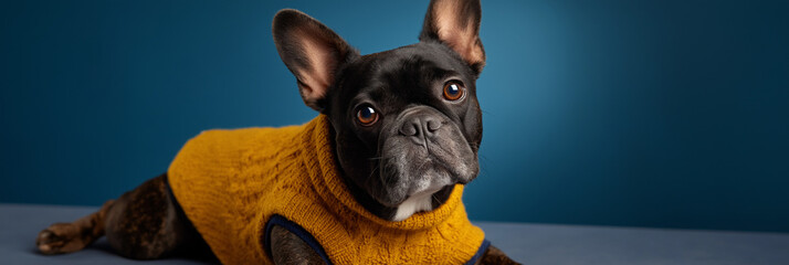 This charming portrait features a French Bulldog wearing a cozy sweater, showcasing its adorable expressions and playful personality in a delightful indoor setting.
