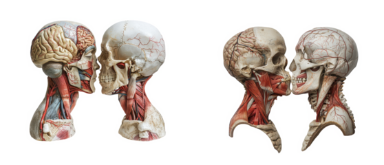 Two anatomical models of human skull and neck, isolated on transparent background