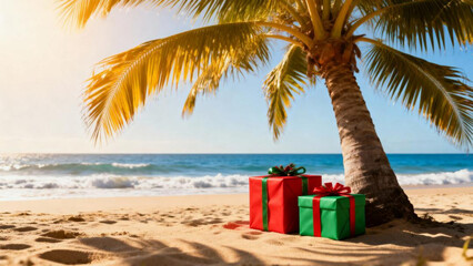 Christmas gifts under palm tree on tropical beach at sunrise