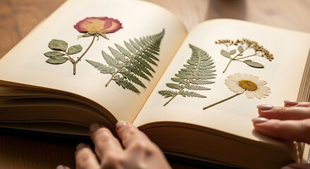 Open book displaying pressed flowers and ferns with hands gently turning the pages of the botanical collection
