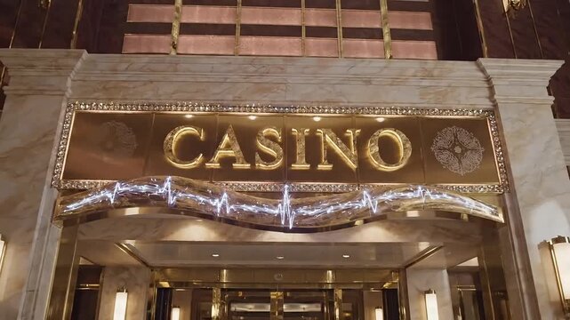 Luxurious casino entrance with ornate golden lettering and elegant lighting