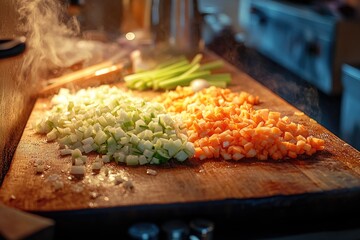 Finely diced carrots and a lighter vegetable on a steaming wooden cutting board, prepped for cooking in a warm kitchen environment.