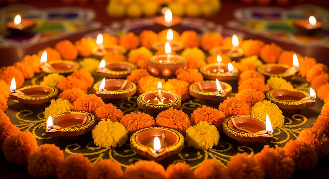 Illuminated diyas surrounded by marigold flowers creating a festive arrangement for celebration