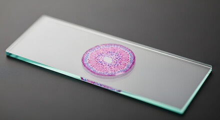 A microscopic view of a plant stem cross section on a glass slide against a dark background surface