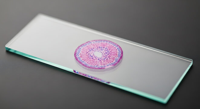 A microscopic view of a plant stem cross section on a glass slide against a dark background surface - Powered by Adobe