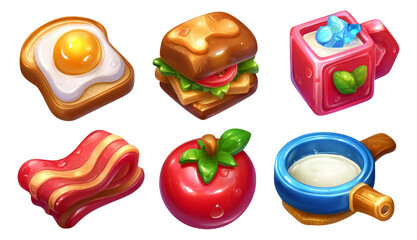 Fototapeta premium Colorful Food Icons Collection with Sandwich, Egg, Tomato, Bacon, Milk, and Juice Cup
