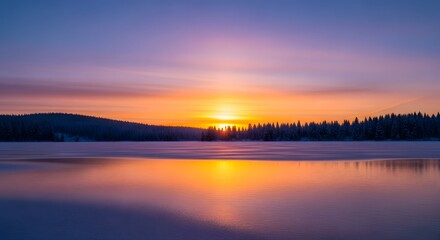 Fototapeta premium Serene Winter Sunset Over Frozen Lake Reflecting Orange and Purple Sky Peaceful Landscape