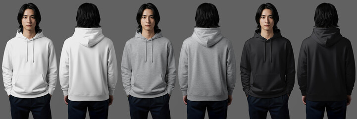 Front and Back Mockup of a Man Wearing a Crewneck Hoodie	. White Grey Black Color