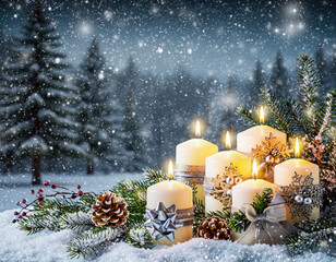 Candles and Red Berry Decor on Snow