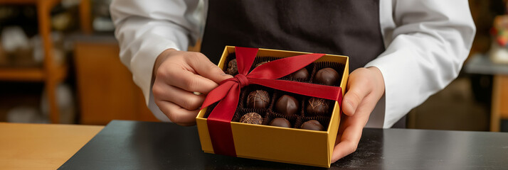 This image features a beautifully crafted box filled with assorted chocolate truffles, elegantly tied with a red ribbon, perfect for gifting on special occasions.
