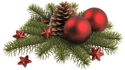 Festive christmas arrangement featuring a natural pine cone two shiny red baubles and small red star ornaments on green fir branches isolated on transparent background