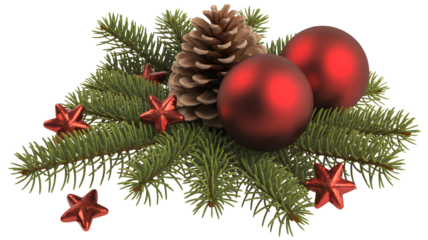 Festive christmas arrangement featuring a natural pine cone two shiny red baubles and small red star ornaments on green fir branches isolated on transparent background