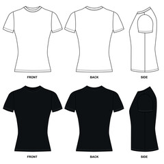 vector illustration of t shirt template. A set of simple basic T-shirts, front, back, and side views. Short-sleeved jersey in white and black.