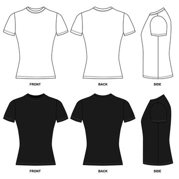 A set of simple basic T-shirts, front, back, and side views. Short-sleeved jersey in white and black.  illustration of t shirt template