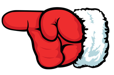 Santa hand in mitten pointing direct. Santa Claus show direct index finger. Christmas vector template design concept poster or greeting card on transparent background