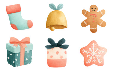 Colorful Watercolor Collection of Isolated Christmas Objects with Transparent Background