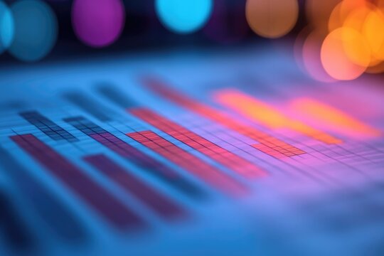 A vibrant bar chart displaying data trends against a backdrop of colorful bokeh lights, representing financial analysis, business growth, or digital insights with a modern aesthetic.