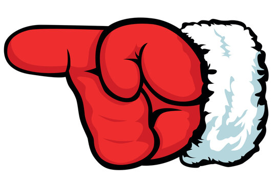 Santa hand in mitten pointing direct. Santa Claus show direct index finger. Christmas vector template design concept poster or greeting card on transparent background