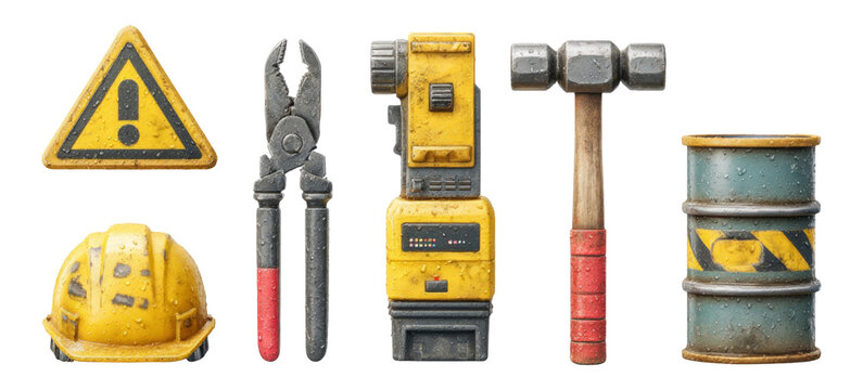 Set of Construction Tools and Safety Equipment on Transparent Background