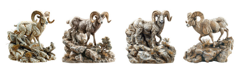 Four bighorn sheep standing on rocky outcrops, isolated on transparent background