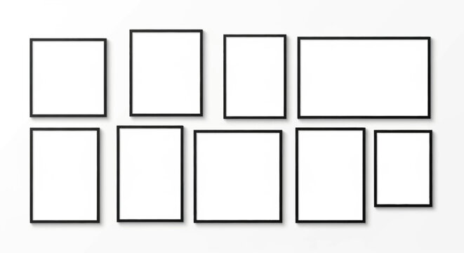 Modern empty black picture frames arranged on a white wall, providing a versatile mockup template for displaying art, photos, or graphic designs in a gallery setting