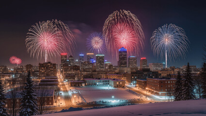 Winter night city skyline with glowing fireworks and reflections in snow, no people