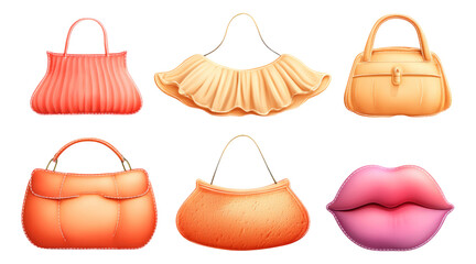 Stylish Handbags and Accessories Collection in Vibrant Colors on Transparent Background