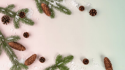 Minimalist New Year flat lay, pine cones, evergreen twigs, and snow on pastel background