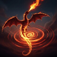 Majestic red dragon unleashing fiery breath amidst swirling vortex of intense orange flames and smoke