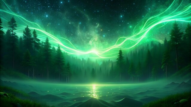 Mystical green aurora borealis illuminates a dark forest and tranquil lake at night