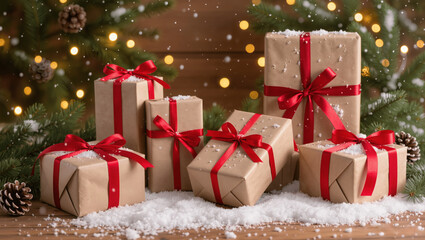 Gift boxes wrapped in brown paper and red ribbon, snow-covered wooden table, cozy holiday mood
