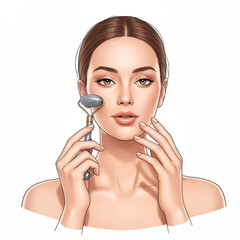 Woman using a face roller on a white background, copy space