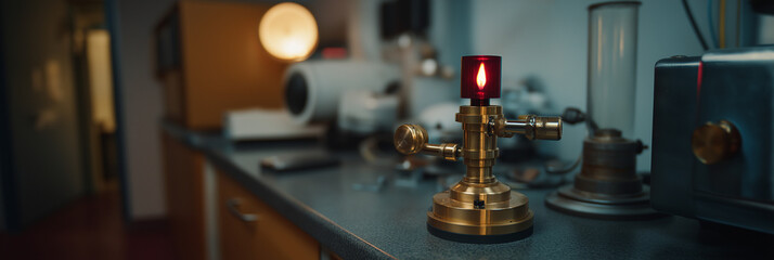 This image features a brass laboratory burner with a striking red light. It symbolizes scientific experimentation and the exploration of chemistry in a modern lab setting.