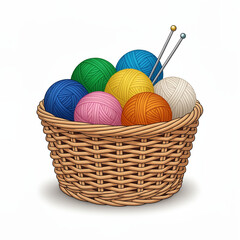 Basket with knitting wool and needles on a white background, copy space