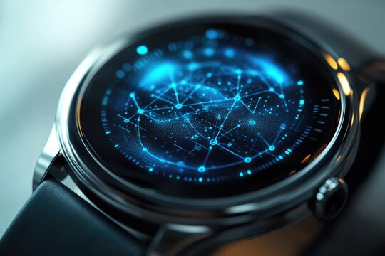 A futuristic smartwatch displays a vibrant blue digital network on its screen, symbolizing advanced connectivity, data, and artificial intelligence in modern technology.