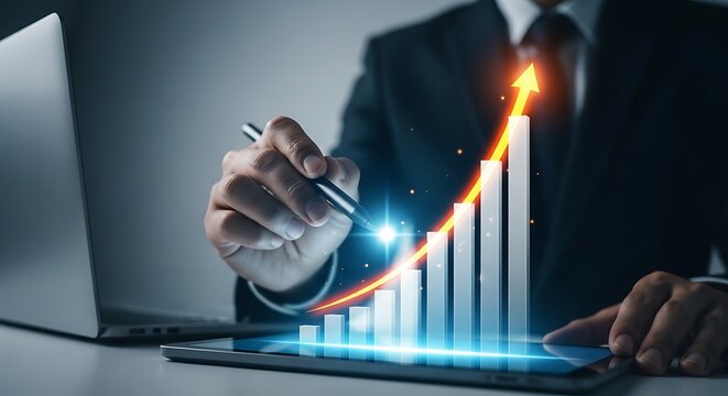 Businessman analyzing a glowing upward trending financial graph on a digital tablet with a laptop in the background symbolizing growth