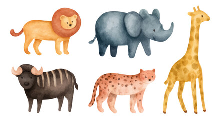 Fototapeta premium Whimsical Watercolor Animals Including Lion, Elephant, Giraffe, Leopard, and Buffalo