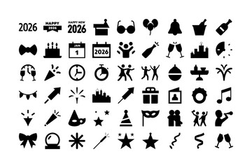 Happy New Year 2026 silhouette icons set. Celebration, fireworks, champagne, party hat, clock, gift, and festive decoration symbols. Holiday greeting and winter festival concept. Editable stroke. 