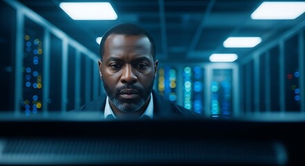 Focused african american man in suit intently examining data on a computer screen in a modern server room