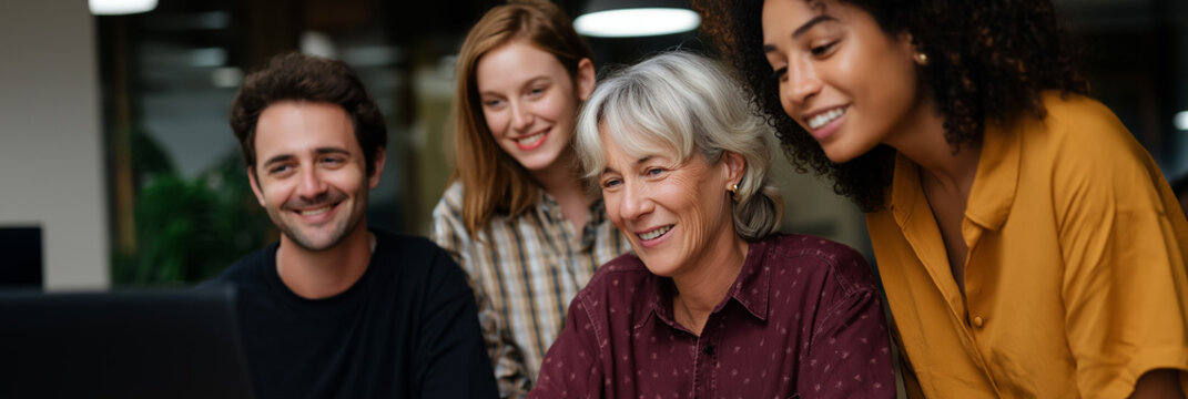 A diverse group of four professionals smile and work together around a laptop, showcasing teamwork, collaboration, and a supportive office environment in a modern workspace.