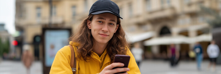 A young man in a yellow hoodie smiles as he uses his smartphone outdoors, representing modern technology and the joy of connectivity in urban life.