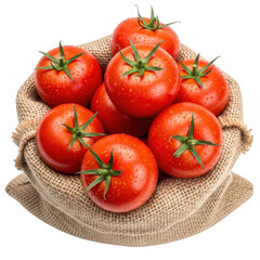 Fresh ripe red tomatoes in a burlap sack isolated on transparent background