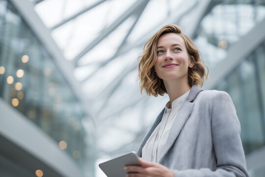 Thoughtful female marketing manager holding tablet looks up in modern office space, concept for business strategies, executive profile and future planning