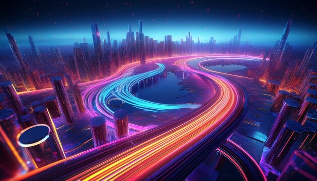 curvy neon stripe arround a futurustic city at night