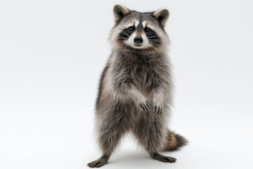 Obraz premium Minimalist studio portrait of a raccoon standing on two legs against a white background, clean lighting