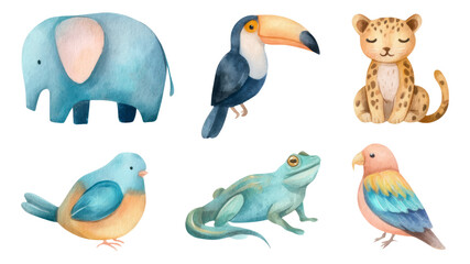 Obraz premium Colorful Watercolor Animals Collection with Elephant, Toucan, Leopard, and More